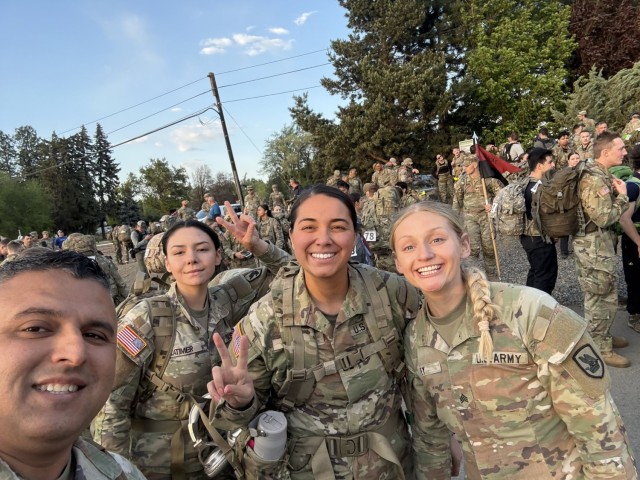 Soldiers from Washington Army National Guard Medical Command Detachment pose for a photo prior to the 5th annual Central Washington University Army Reserve Officer Training Corp. Norwegian Foot March in Ellensburg, Wash., May 2, 2025.