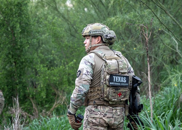 A U.S. Soldier with the Texas Army National Guard monitors activity along the Rio Grande during a patrol near Roma, Texas, April 23, 2025. Texas Army Guard members are part of Operation Lone Star, working alongside U.S. Border Patrol agents to...