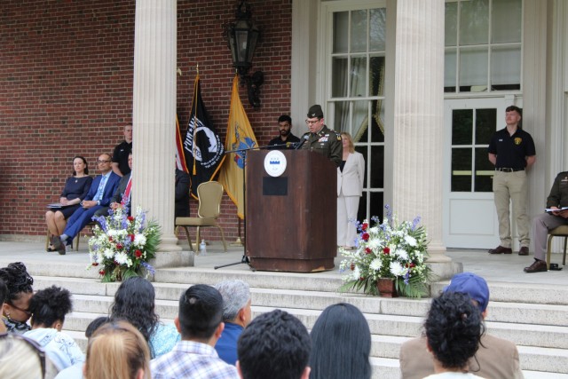 MADISON, N.J. - Col. Kevin P. Shilley, Military Deputy at the U.S. Army Combat Capabilities Development Command (DEVCOM) Armaments Center, delivers the keynote speech at the 9th Annual Our Community Salutes (OCS) of North Jersey Enlistee...