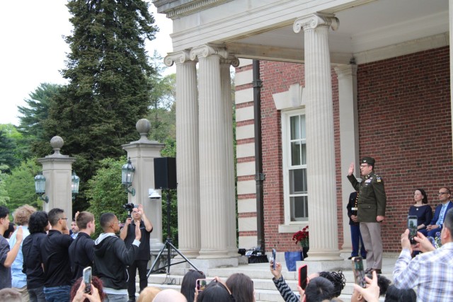 MADISON, N.J. - Col. Kevin P. Shilley, Military Deputy at the U.S. Army Combat Capabilities Development Command (DEVCOM) Armaments Center, administers the oath of enlistment at the 9th Annual Our Community Salutes (OCS) of North Jersey Enlistee...