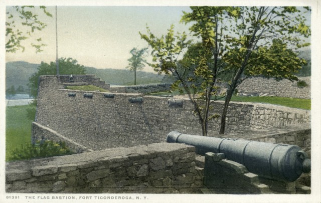 The Flag Bastion, located on the eastern side of Fort Ticonderoga, New York, is a a notable part of the fort's defensive structure, with cannons mounted to defend against potential attacks from the water.