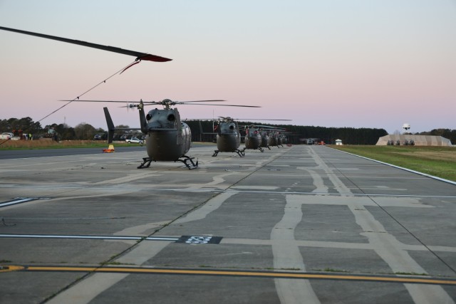 UH-72 Lakota helicopter hovers at Shell Army Heliport, Fort Novosel, AL during training.