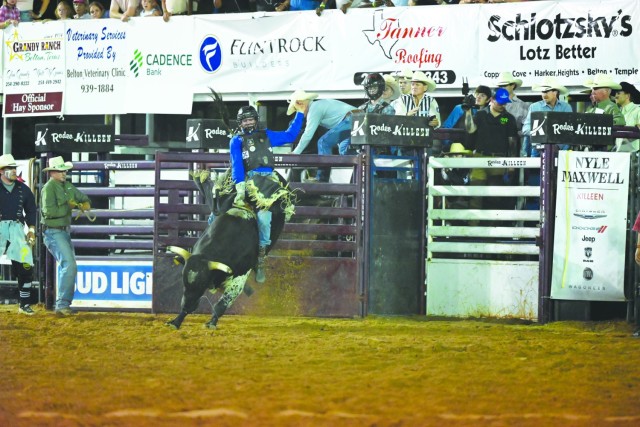 A man sits atop a bull with its back feel up the air.