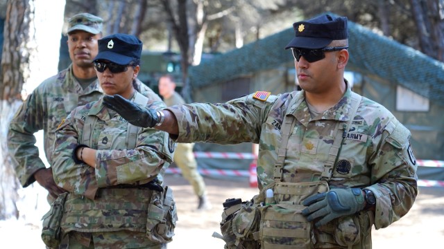 U.S. Army Maj. Pedro Zamora, commander of Echo Company, 2nd Battalion, Echo Company, 254th Regiment, briefs an operation order to New Jersey and New York Officer Candidates and Cadets from the Albanian Armed Forces Military Academy during a field...