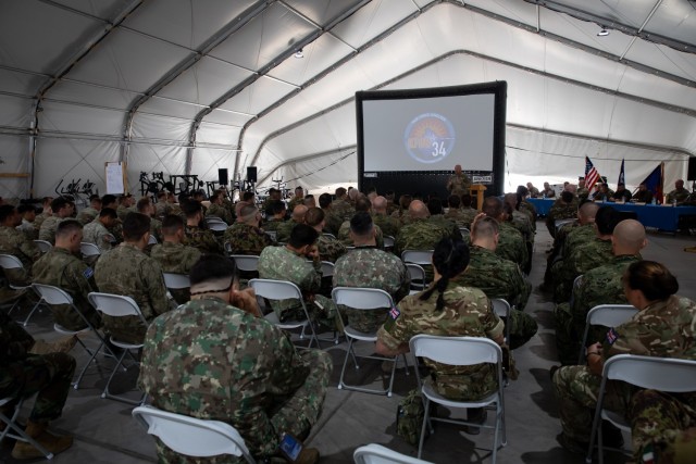 Army Guard Soldiers assigned to Regional Command-East of the NATO-led Kosovo Force mission, also known as KFOR, host a multinational non-commissioned officer academy, referred to as the Jungleer Academy, at Camp Bondsteel, Kosovo, May 8, 2025. 11...