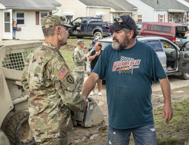 West Virginia National Guard Adjutant General Maj. Gen. Jim Seward visits with Guard members activated on flood response duty in Ohio County, West Virginia, on June 17, 2025. West Virginia Governor Patrick Morrisey declared a state of emergency...