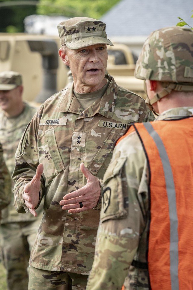 West Virginia National Guard Adjutant General Maj. Gen. Jim Seward visits with Guard members activated on flood response duty in Ohio County, West Virginia, on June 17, 2025. West Virginia Governor Patrick Morrisey declared a state of emergency...