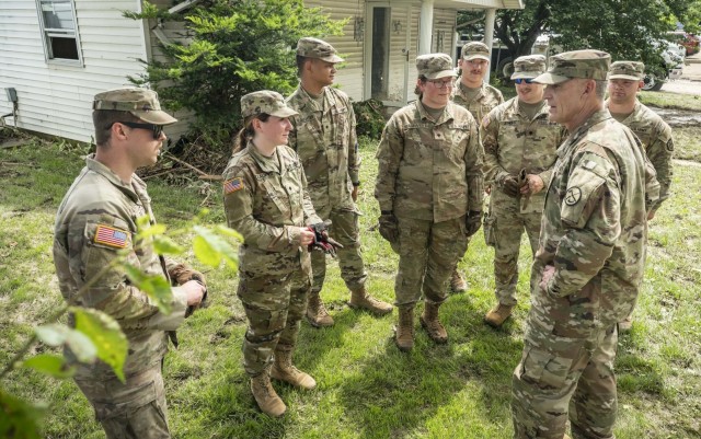 West Virginia National Guard Adjutant General Maj. Gen. Jim Seward visits with Guard members activated on flood response duty in Ohio County, West Virginia, on June 17, 2025. West Virginia Governor Patrick Morrisey declared a state of emergency...