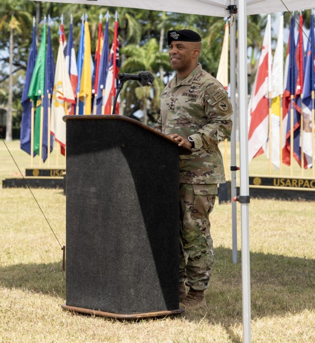 U.S. Army Gen. Ronald Clark, Commander of USARPAC, delivers a speech to attendees at the Flying-V Ceremony on Fort Shafter, HI on June 30, 2025. USARPAC bids farewell to Maj. Gen. James Bartholomees and Maj. Gen. Jeff Vanatwerp. (U.S. Army photo...