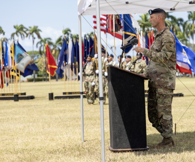 U.S. Army Maj. Gen. James Bartholomees, USARPAC Chief of staff, delivers a speech to attendees at Flying-V Ceremony on Fort Shafter, HI on June 30, 2025.  USARPAC bids farewell to Maj. Gen. James Bartholomees and Maj. Gen. Jeff Vanatwerp. (U.S....