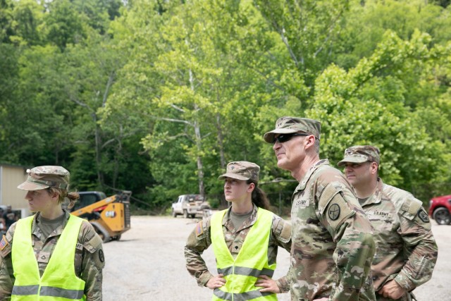 Adjutant General Maj. Gen. Jim Seward visited Ohio County on Tuesday, Jun. 24, 2025, surveying flood recovery efforts firsthand while also recognizing the hard work of the approx. 110 service members on the ground around the area. Soldiers of the...
