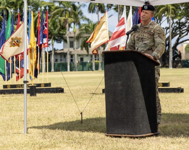 U.S. Army Maj. Gen. Jeff VanAntwerp, USARPAC G3 operations officer, delivers a speech at the USARPAC Flying-V Ceremony on Fort Shafter, HI on June 30, 2025. USARPAC bids farewell to Maj. Gen. James Bartholomees and Maj. Gen. Jeff Vanatwerp. (U.S....