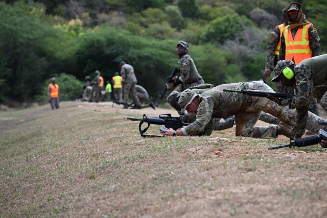 Soldiers from the D.C. National Guard, Barbados Defence Force Reserves, Jamaica Defence Force, and Jamaica National Reserve hone marksmanship skills at Twickenham Park Range in St. Catherine, Jamaica on July 17, 2025. As part of the Caribbean...