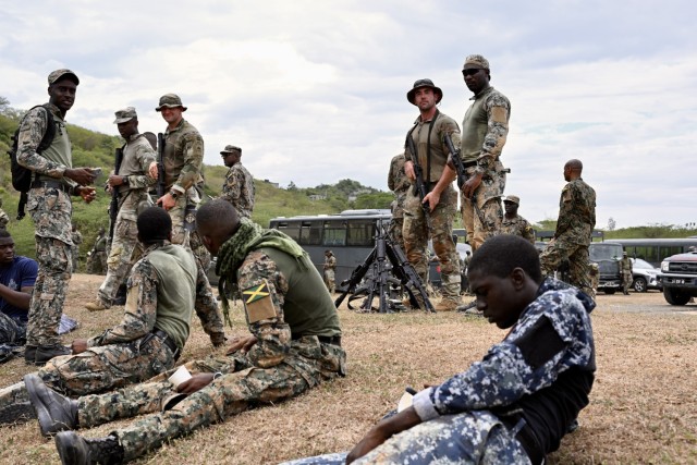 Soldiers from the D.C. National Guard, Barbados Defence Force Reserves, Jamaica Defence Force, and Jamaica National Reserve hone marksmanship skills at Twickenham Park Range in St. Catherine, Jamaica on July 17, 2025. As part of the Caribbean...