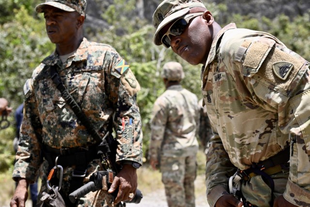 Command Sgt. Maj. Ronald L. Smith Jr., Command Senior Enlisted Leader (CSEL) for the D.C. National Guard, partakes in training activities at Moneague Training Camp during a senior leader visit to Jamaica, on July 18, 2025. The D.C. National...