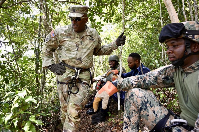Command Sgt. Maj. Ronald L. Smith Jr., Command Senior Enlisted Leader (CSEL) for the D.C. National Guard, partakes in training activities at Moneague Training Camp during a senior leader visit to Jamaica, on July 18, 2025. The D.C. National...