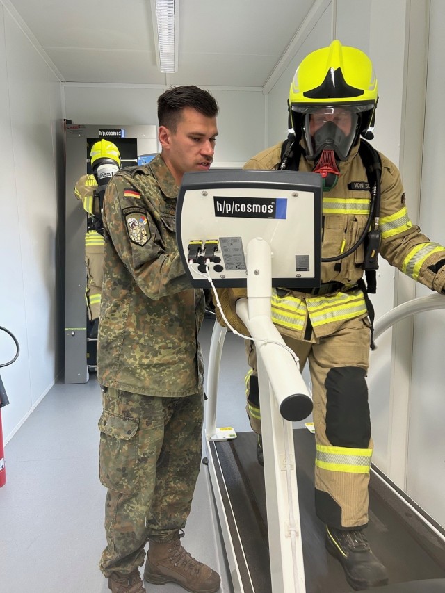 Bundeswehrsoldiers take part in training at the USAG Ansbach Regional Fire Training Center