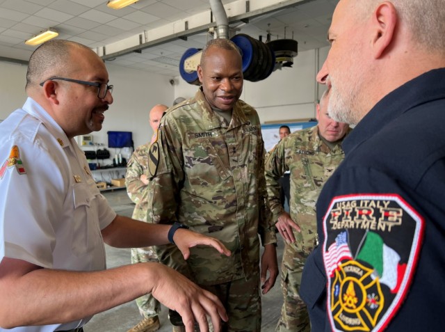 Fire Chief Adam Montoya, explains emergency services operations at USAG Italy to Maj. Gen. James Smith, acting commander of U.S. Army Installation Management Command, during his Aug. 1 visit to Vicenza, Italy,