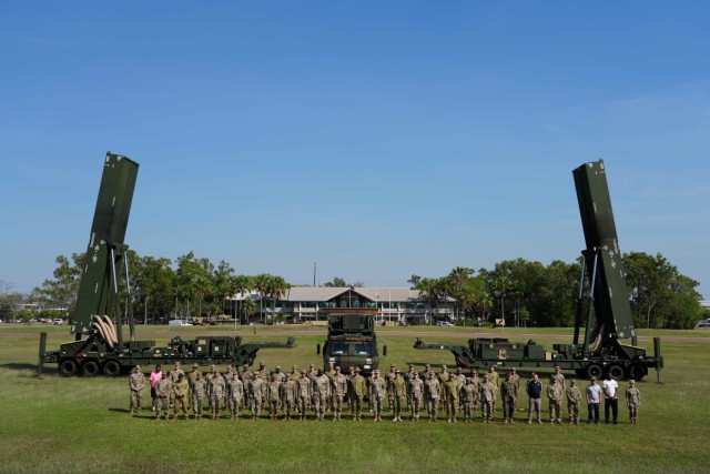 NORTHERN TERRITORY, Australia — Service members from the U.S. Department of Defense and the Australian Defence Force pose with the Long Range Hypersonic Weapon System in Northern Territory, Australia, July 9, 2025. The Dark Eagle and its crew...