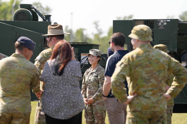 NORTHERN TERRITORY, Australia — Soldiers from B Battery (Dark Eagle), 5th Battalion, 3d Field Artillery Regiment (LRFB), give a capabilities brief on the Long Range Hypersonic Weapon System in Northern Territory, Australia, July 9, 2025. The...