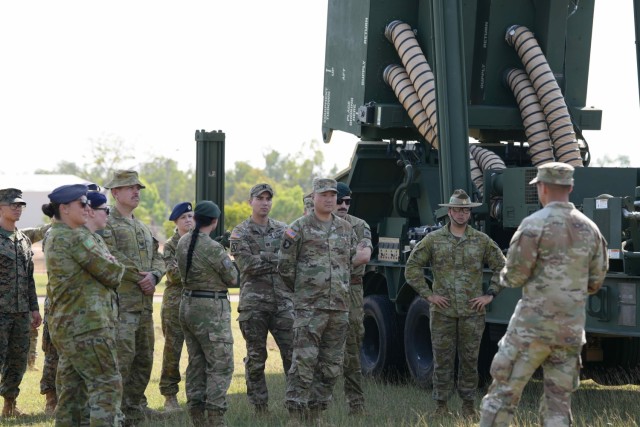 NORTHERN TERRITORY, Australia — Soldiers from B Battery (Dark Eagle), 5th Battalion, 3d Field Artillery Regiment (LRFB), give a capabilities brief on the Long Range Hypersonic Weapon System in Northern Territory, Australia, July 9, 2025. The...