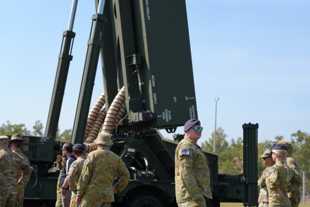 NORTHERN TERRITORY, Australia — Soldiers from B Battery (Dark Eagle), 5th Battalion, 3d Field Artillery Regiment (LRFB), give a capabilities brief on the Long Range Hypersonic Weapon System in Northern Territory, Australia, July 9, 2025. The...