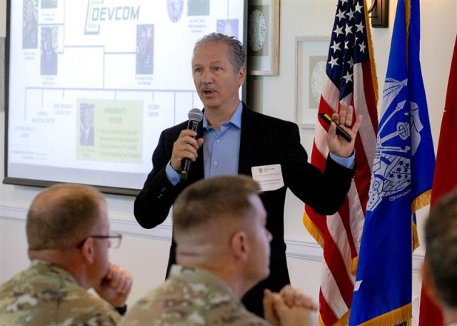 PICATINNY ARSENAL, N.J. - Chris Grassano, Director, U.S. Army Combat Capabilities Development Command (DEVCOM) Armaments Center, addresses the audience at an Industry Day focused on the Picatinny Common Lethality Integration Kit (CLIK), July 29.