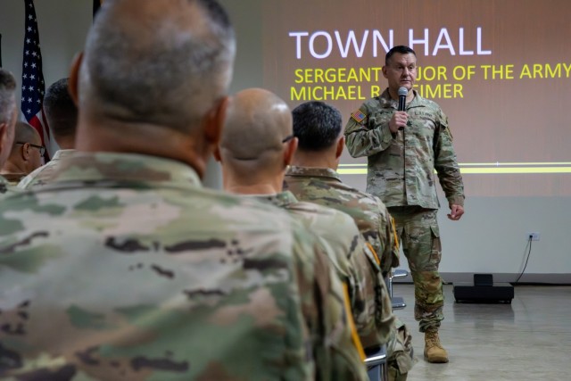 Sgt. Maj. of the Army Michael R. Weimer holds a town hall during a visit to the Puerto Rico National Guard’s headquarters at Fort Buchanan, Puerto Rico, Aug. 4, 2025.