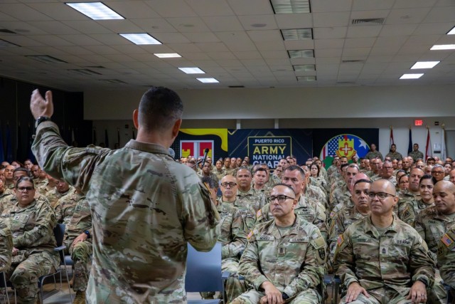 Sgt. Maj. of the Army Michael R. Weimer holds a town hall during a visit to the Puerto Rico National Guard’s headquarters at Fort Buchanan, Puerto Rico, Aug. 4, 2025.