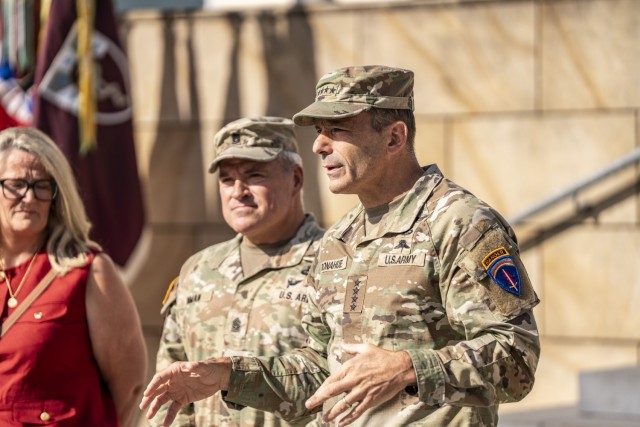 U.S. Army Europe and Africa conducts a change of responsibility ceremony at Clay Kaserne in Wiesbaden, Germany, Aug. 7, 2025. Command Sgt. Maj. Jeremiah E. Inman relinquished responsibility as the senior enlisted advisor to Command Sgt. Maj....